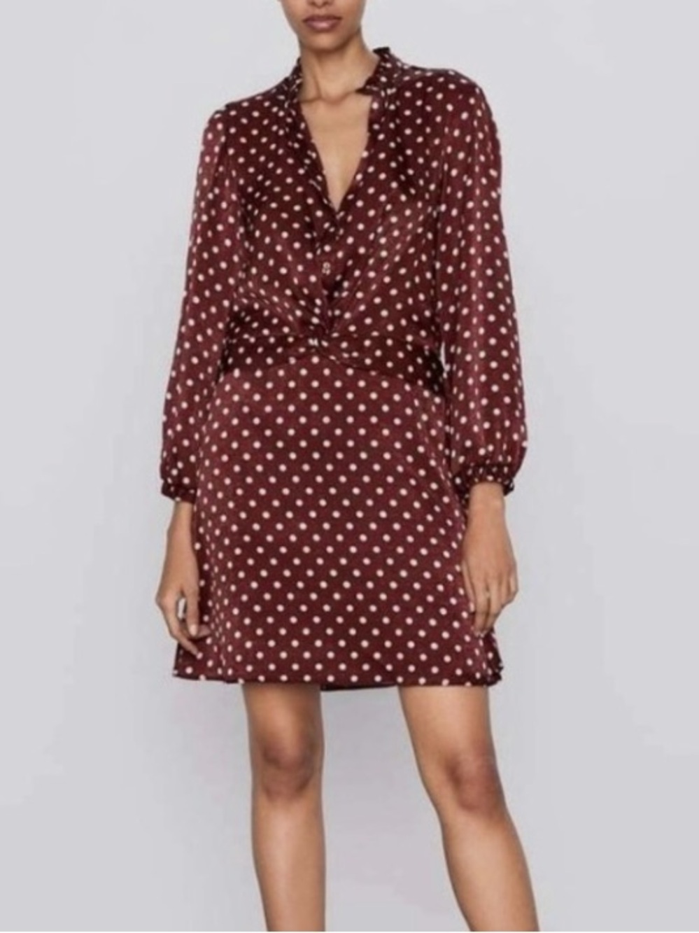 Zara Burgundy Polka Dot Twist Front Mini Dress Size XS‎